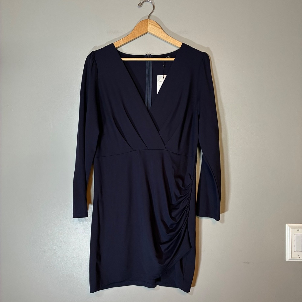 Sarin Mathews Navy Blue Ruched Wrap Cocktail Dress Long Sleeve V-Neck XL NWT